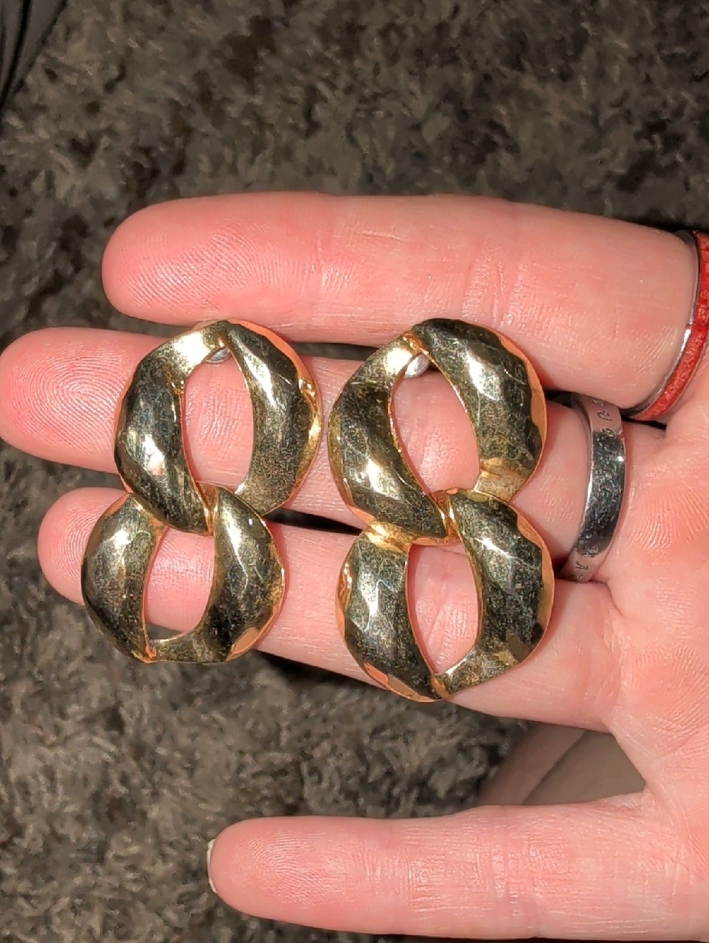 Vtg. Gold Tone Hammered Linked Double-Hoop Earrings